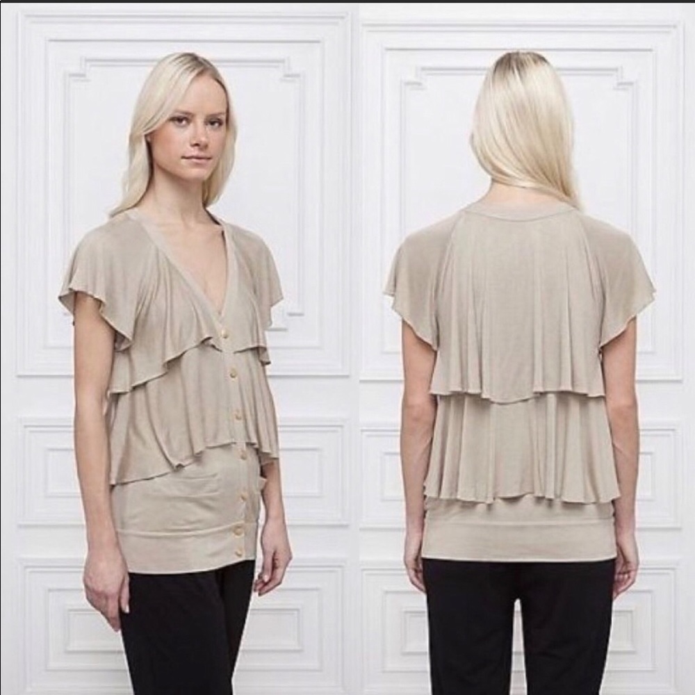 Anthropologie tan ruffle button down top, Sz med